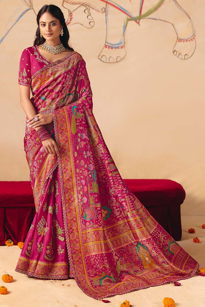 Rani Pink Dola silk Saree UK | Traditional Motifs & Heavy Border LF