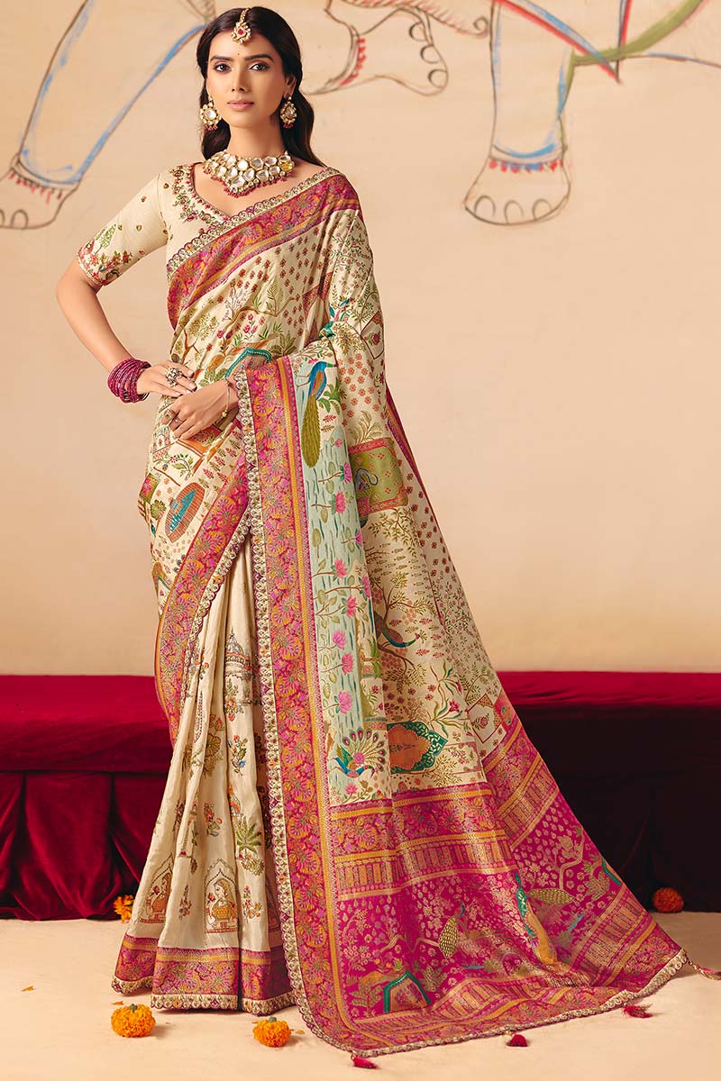 Rani Pink Dola silk Saree UK | Traditional Motifs & Heavy Border (Copy) LF