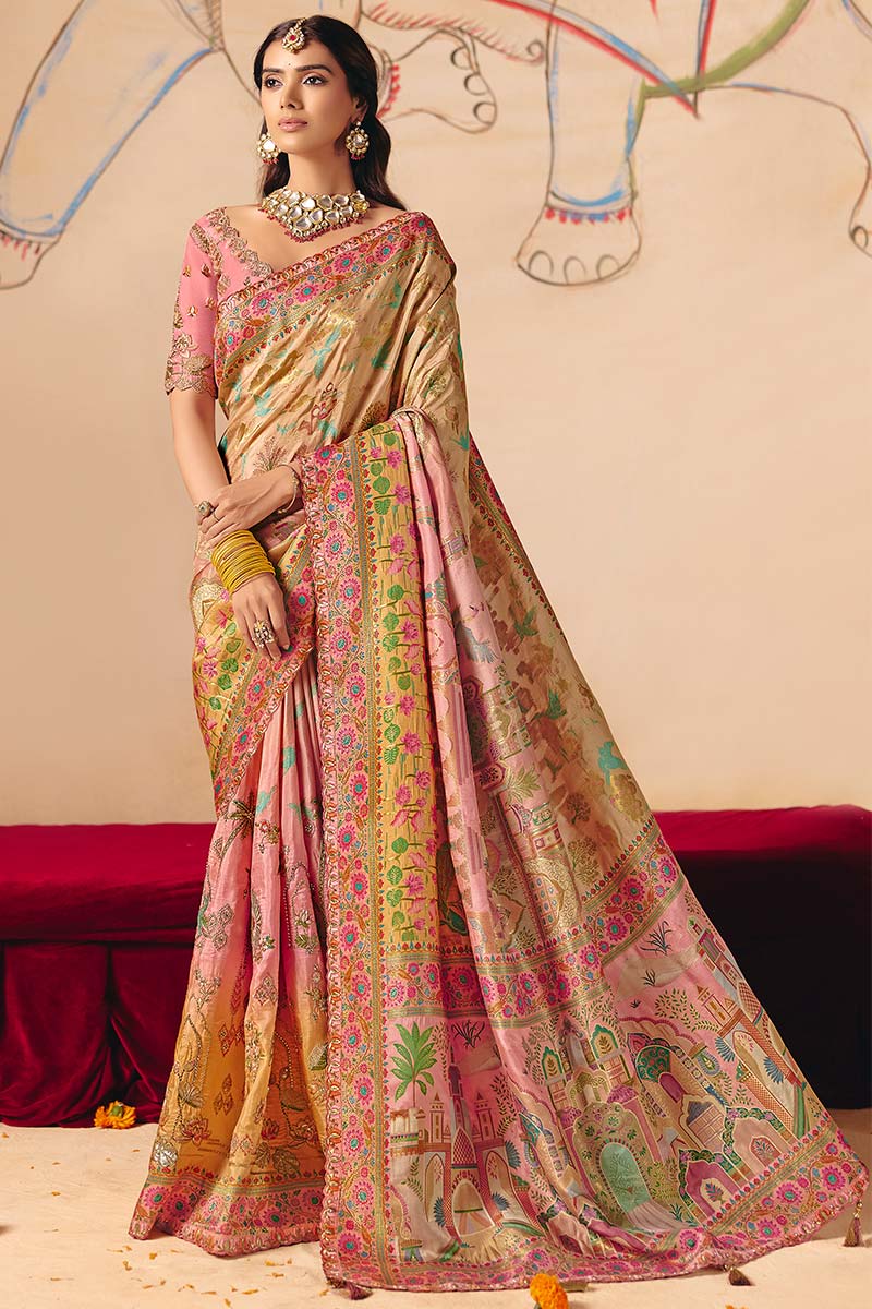 Multicolor Party Wear Saree UK | Intricate Woven Patterns & Rich Pallu LF