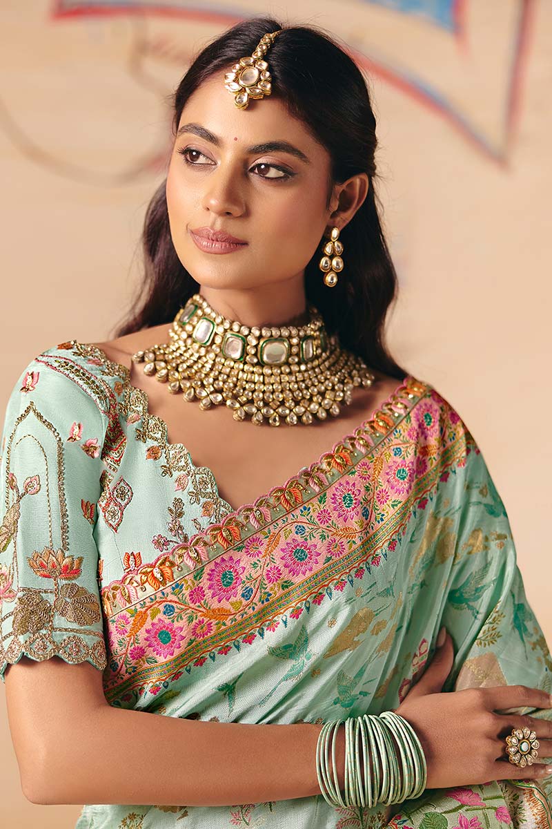Pista Green Ethnic Dola silk Saree UK | Wedding & Festive Collection LF