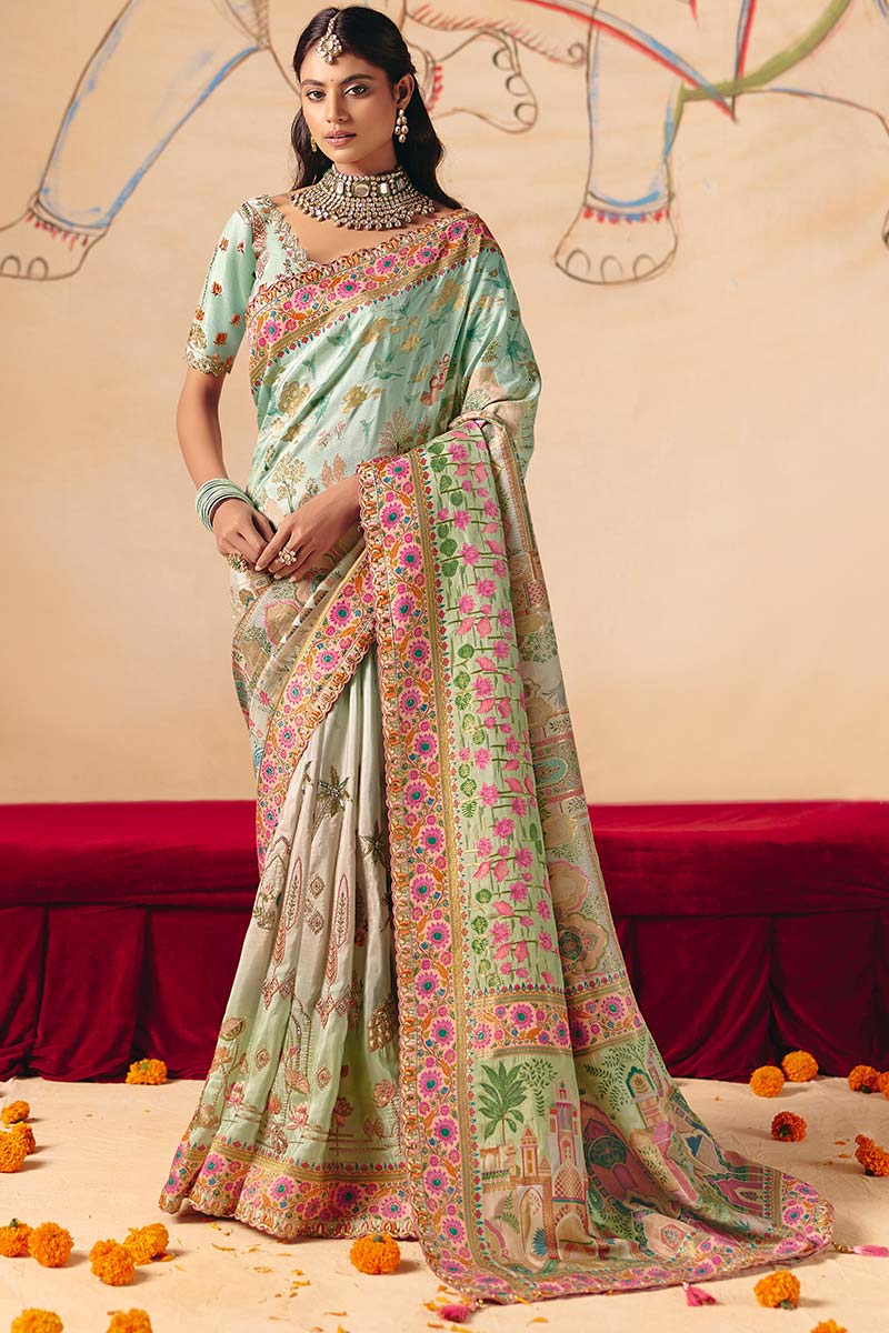 Pista Green Ethnic Dola silk Saree UK | Wedding & Festive Collection LF
