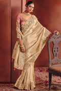 Beige Tissue Silk Saree UK | Hand Embroidered Border & Bridal Style LF
