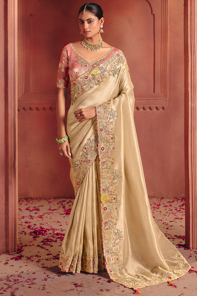 Beige Tissue Silk Saree UK | Hand Embroidered Border & Bridal Style LF