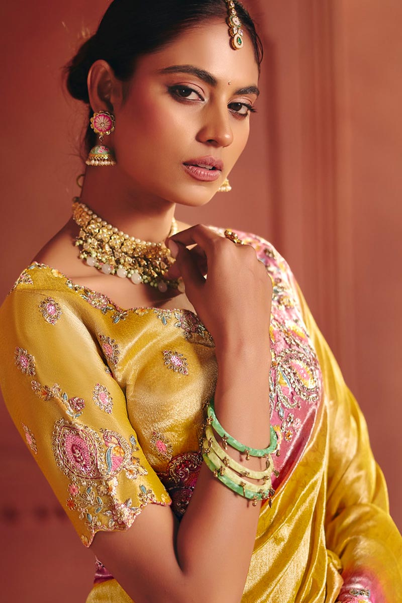 Mustard Designer Saree UK | Intricate Floral Embroidery & Rich Pallu Drape LF