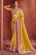 Mustard Designer Saree UK | Intricate Floral Embroidery & Rich Pallu Drape LF