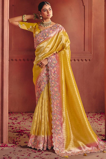 Mustard Designer Saree UK | Intricate Floral Embroidery & Rich Pallu Drape LF