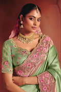 Green Embroidered Saree UK | Wedding Wear with Detailed Border & Soft Silk Finish LF