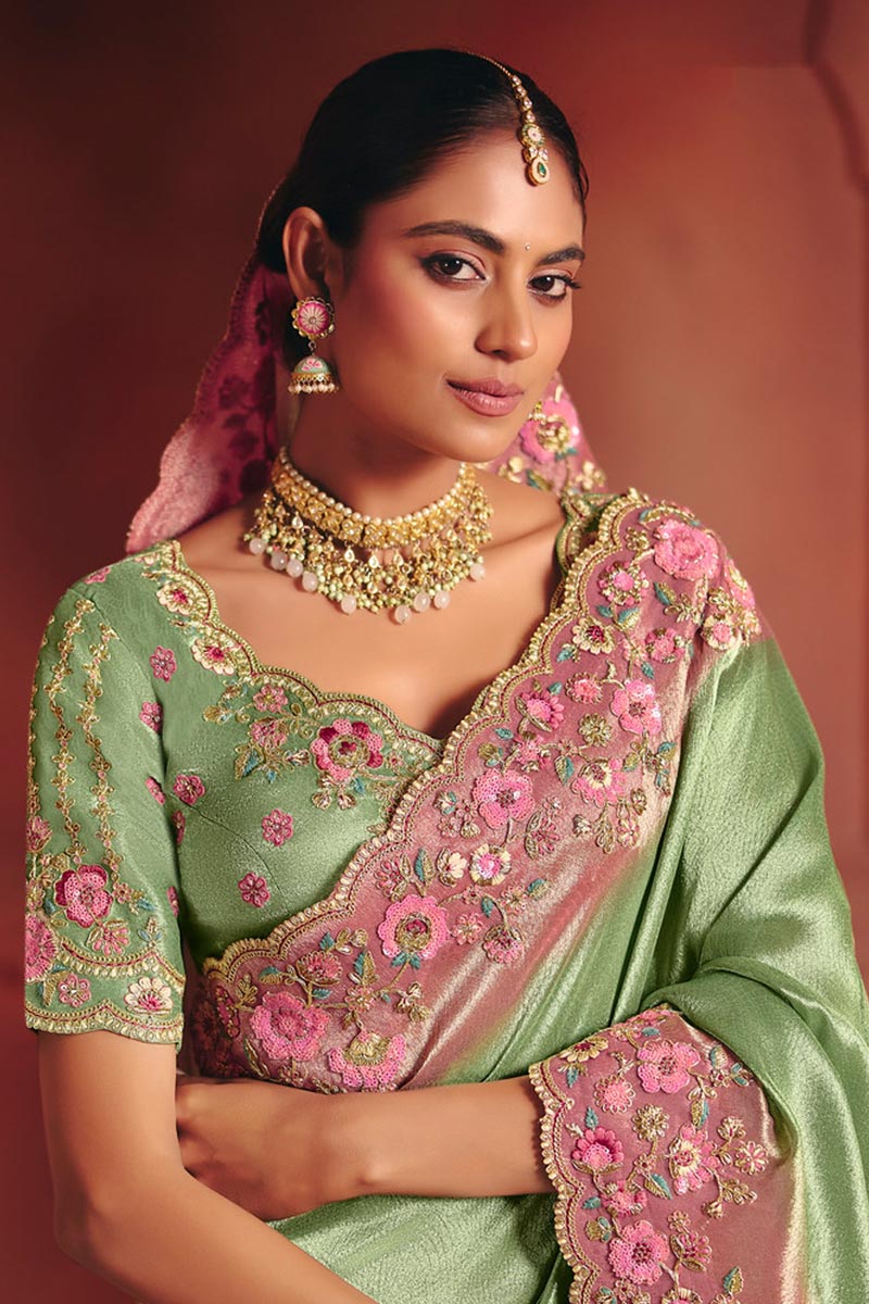 Green Embroidered Saree UK | Wedding Wear with Detailed Border & Soft Silk Finish LF