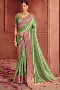 Green Embroidered Saree UK | Wedding Wear with Detailed Border & Soft Silk Finish LF