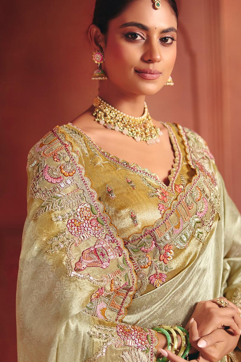 Light Pista Zari Silk Saree UK | Hand Embroidered Border & Bridal Style LF