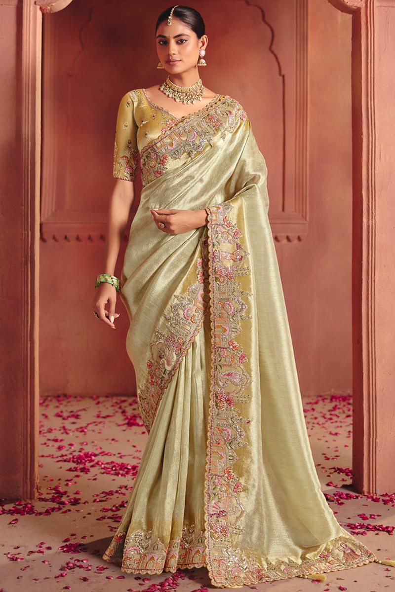 Light Pista Zari Silk Saree UK | Hand Embroidered Border & Bridal Style LF