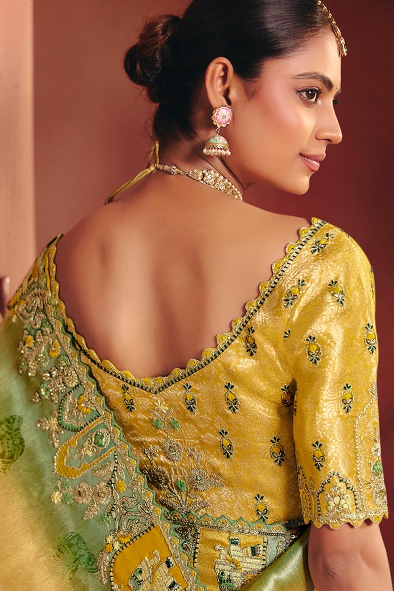 Mustard Designer Saree UK | Intricate Floral Embroidery & Rich Pallu LF