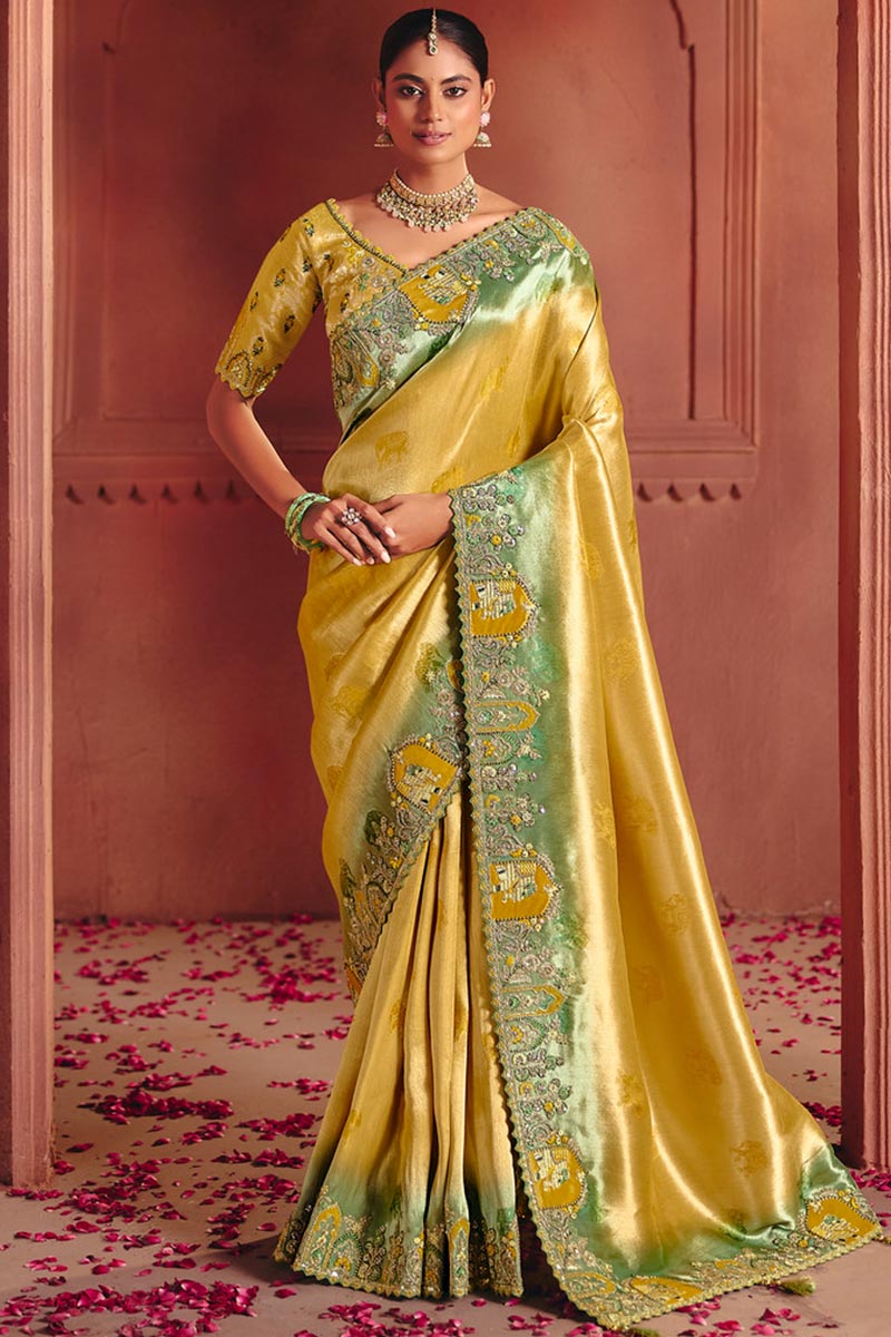 Mustard Designer Saree UK | Intricate Floral Embroidery & Rich Pallu LF