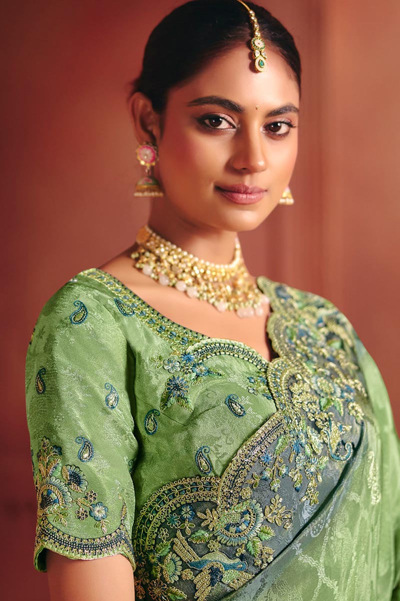 Green Festive Embroidered Saree UK | Wedding Wear with Detailed Border LF
