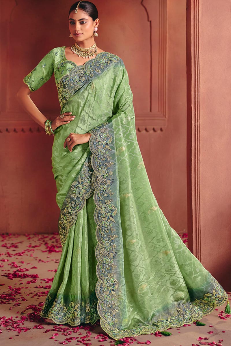 Green Festive Embroidered Saree UK | Wedding Wear with Detailed Border LF