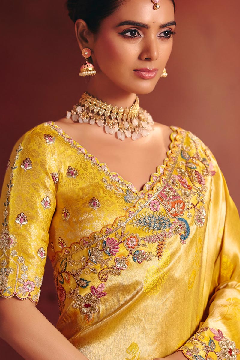 Mustard Embroidered Wedding Saree UK | Designer Floral Work & Statement Pallu LF