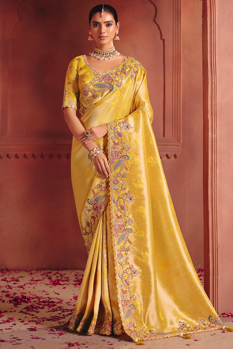 Mustard Embroidered Wedding Saree UK | Designer Floral Work & Statement Pallu LF