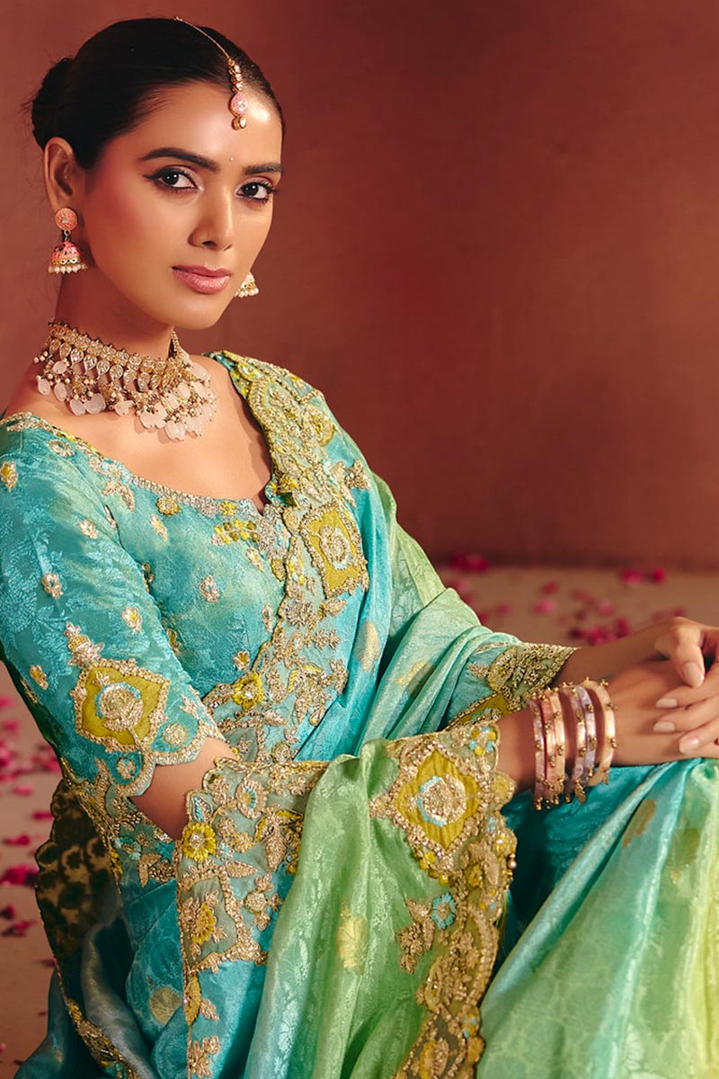 Green Zari Silk Saree UK | Hand Embroidered Border & Bridal Style LF