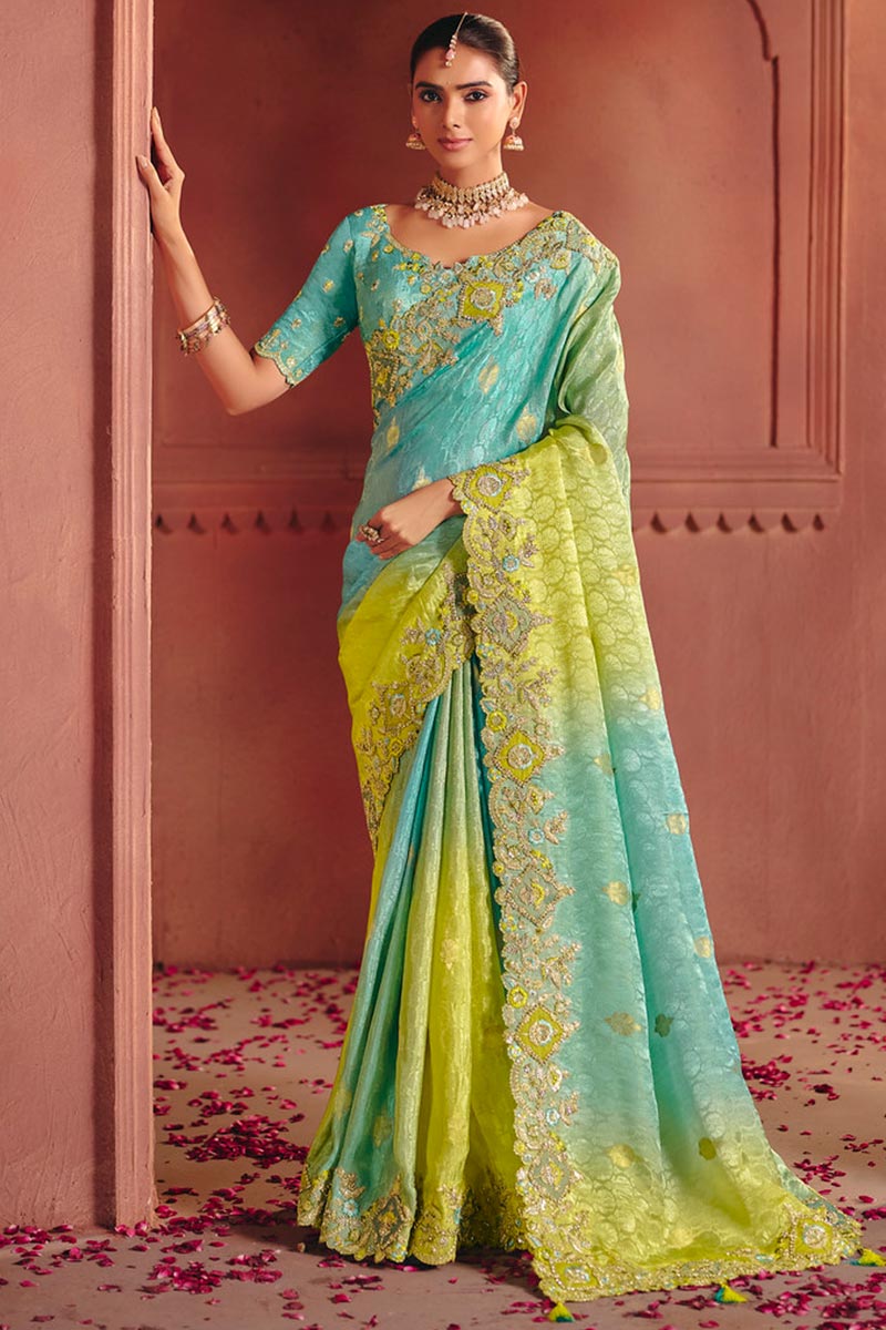 Green Zari Silk Saree UK | Hand Embroidered Border & Bridal Style LF