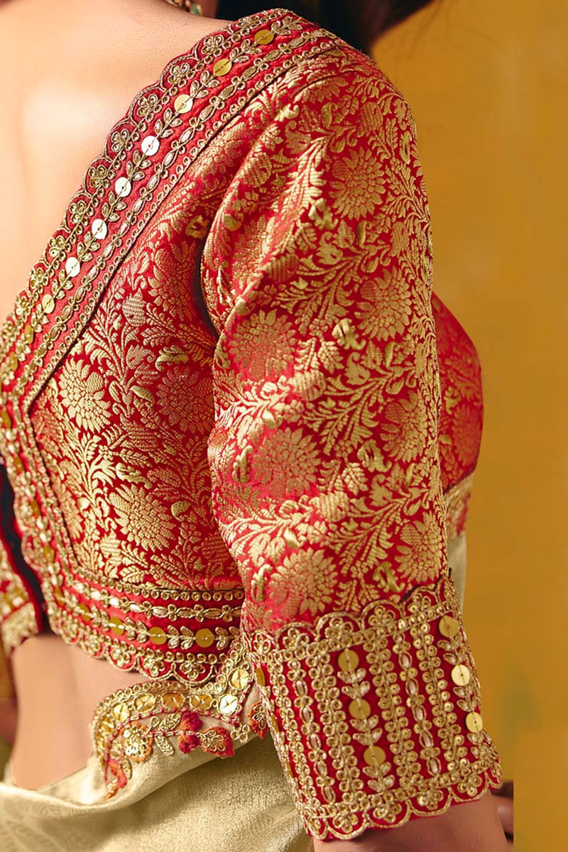 Beige Gold Festive Saree UK | Embroidered Scallop Border & Elegant Pallu LF