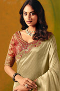 Beige Gold Festive Saree UK | Embroidered Scallop Border & Elegant Pallu LF
