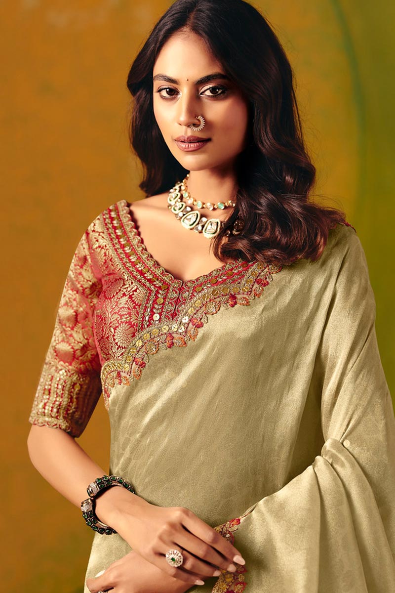 Beige Gold Festive Saree UK | Embroidered Scallop Border & Elegant Pallu LF