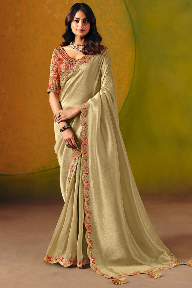 Beige Gold Festive Saree UK | Embroidered Scallop Border & Elegant Pallu LF