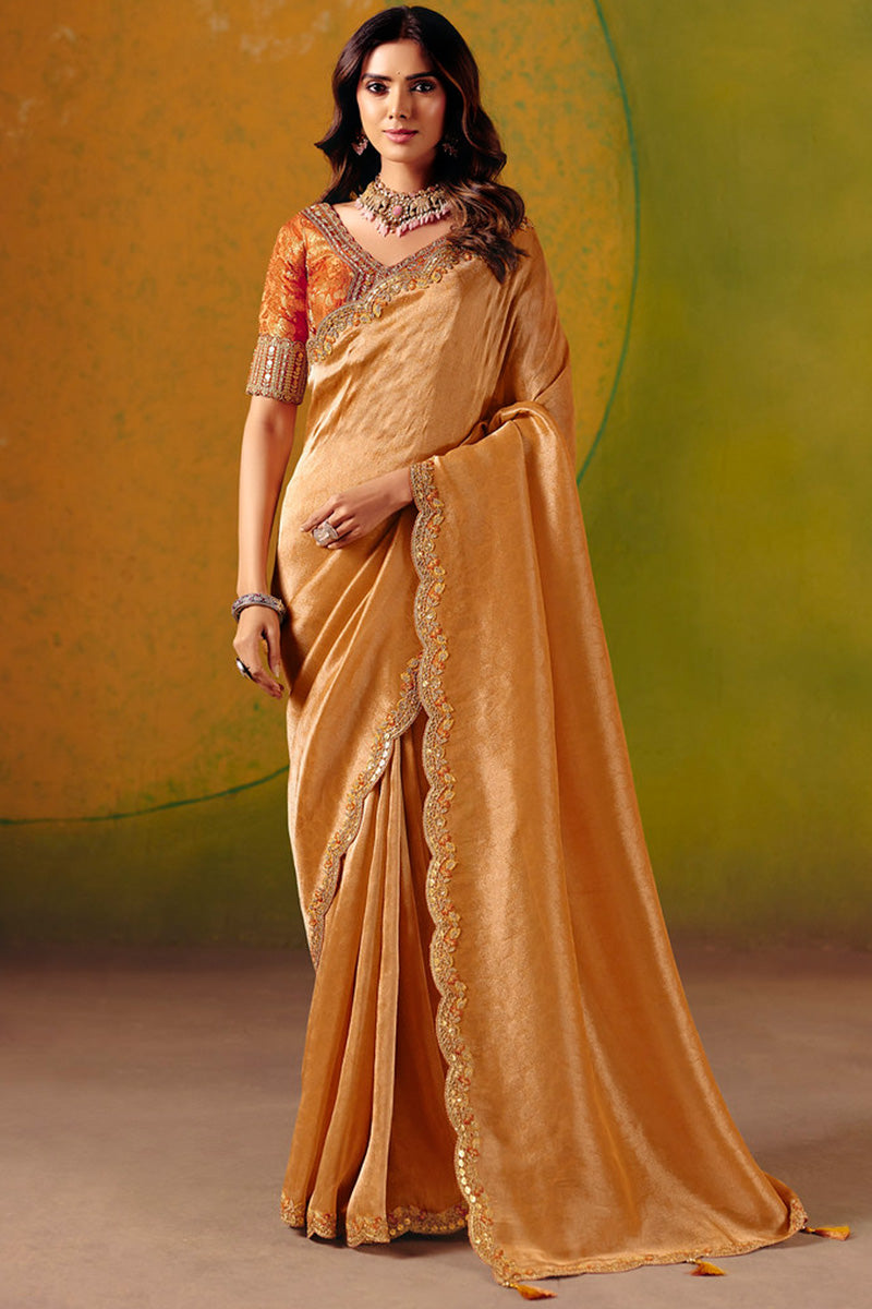 Light Orange Party Wear Saree | Floral Embroidery Border & Designer Blouse LF