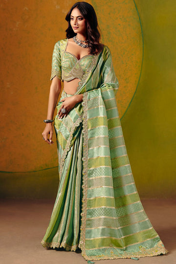 Mint Green Elegant Silk Saree UK | Embroidered Border & Wedding Ready Drape LF