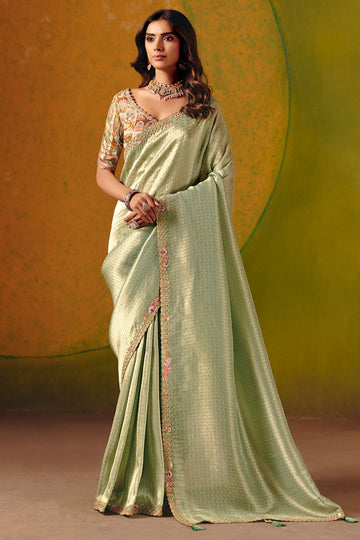 Pista Green Saree UK | Traditional Embroidery Border & Occasion Wear LF