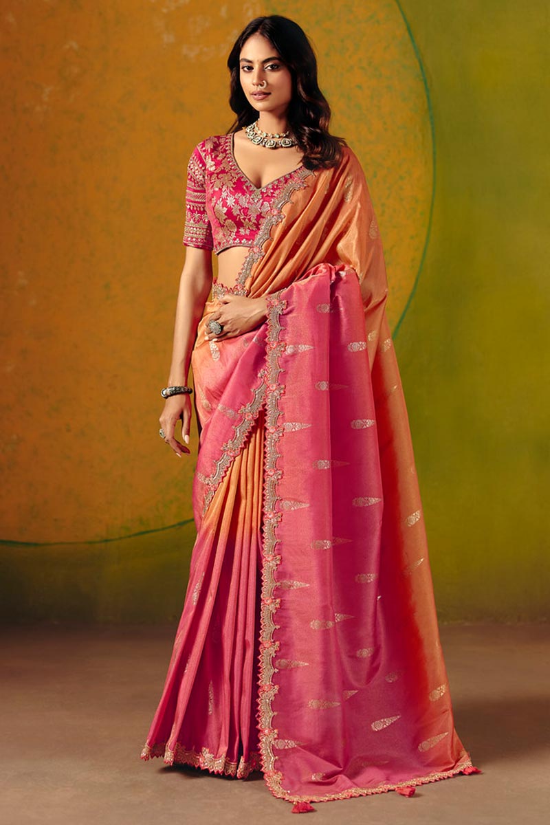Rani Pink Classic orange Tone Festive Saree | Intricate Embroidery & Statement LF