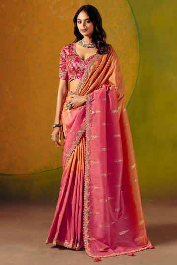 Rani Pink Classic orange Tone Festive Saree | Intricate Embroidery & Statement LF