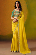 Lemon Yellow party Wear Saree | Floral Embroidery Border & Designer Blouse LF