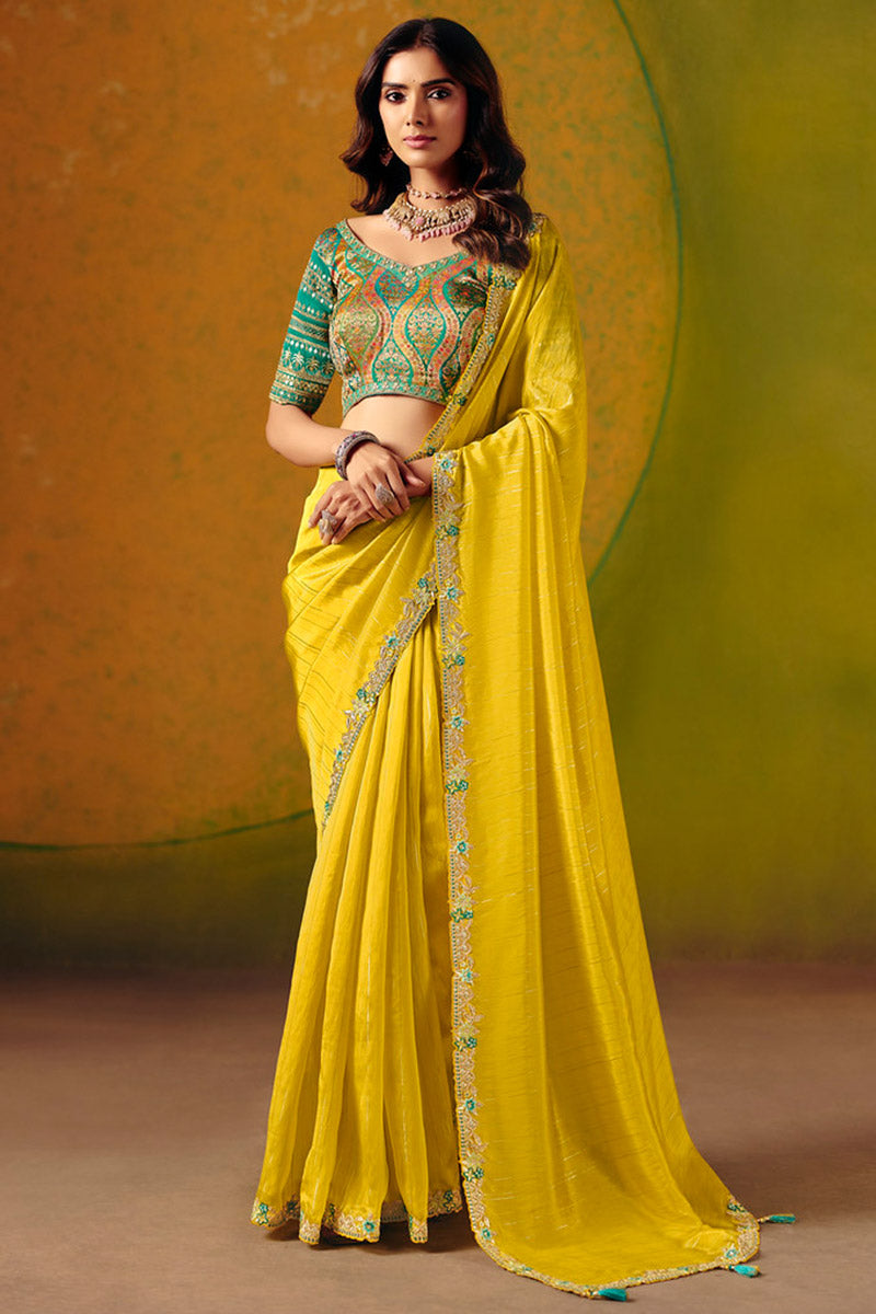 Lemon Yellow party Wear Saree | Floral Embroidery Border & Designer Blouse LF