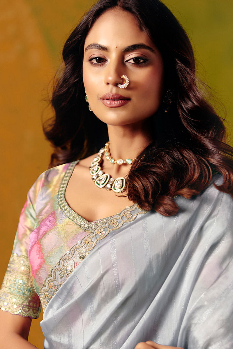 Festive Saree in Grey UK | Embroidered Scallop Border & Elegant Pallu LF