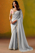 Festive Saree in Grey UK | Embroidered Scallop Border & Elegant Pallu LF