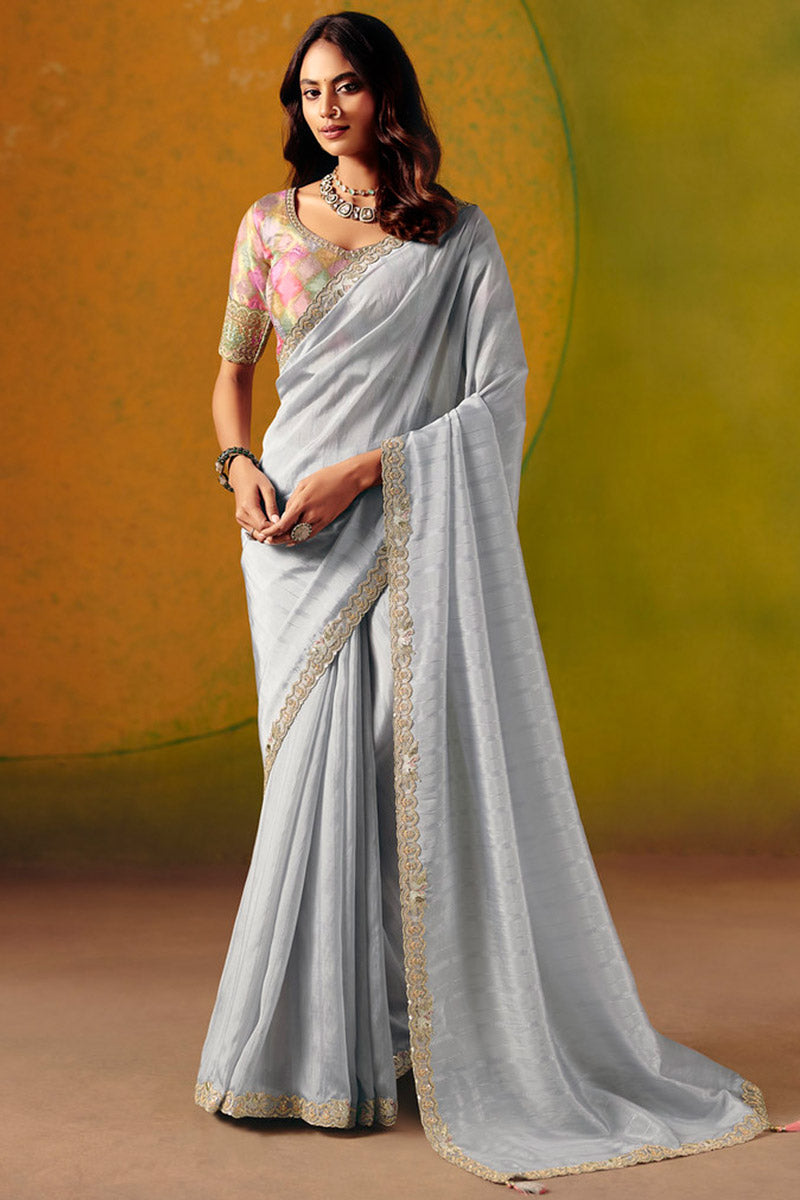 Festive Saree in Grey UK | Embroidered Scallop Border & Elegant Pallu LF