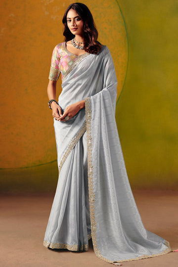 Festive Saree in Grey UK | Embroidered Scallop Border & Elegant Pallu LF