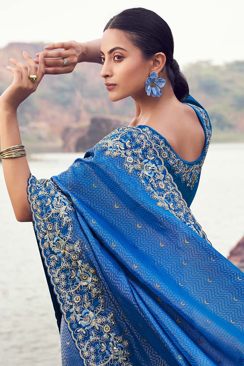 Royal Blue Embroidered Saree – Elegant Party & Wedding Wear LF