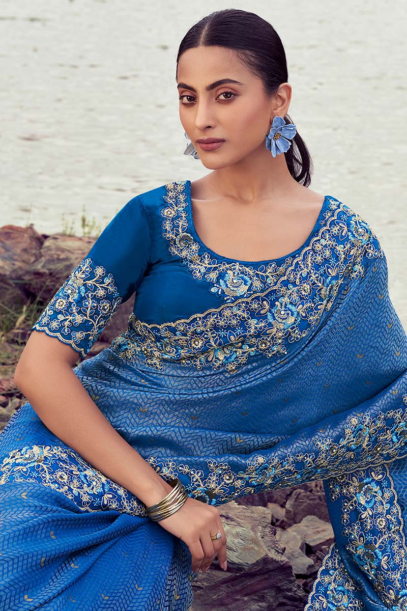 Royal Blue Embroidered Saree – Elegant Party & Wedding Wear LF