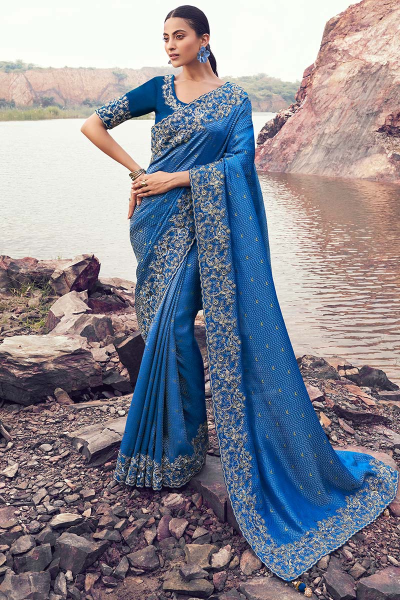 Royal Blue Embroidered Saree – Elegant Party & Wedding Wear LF
