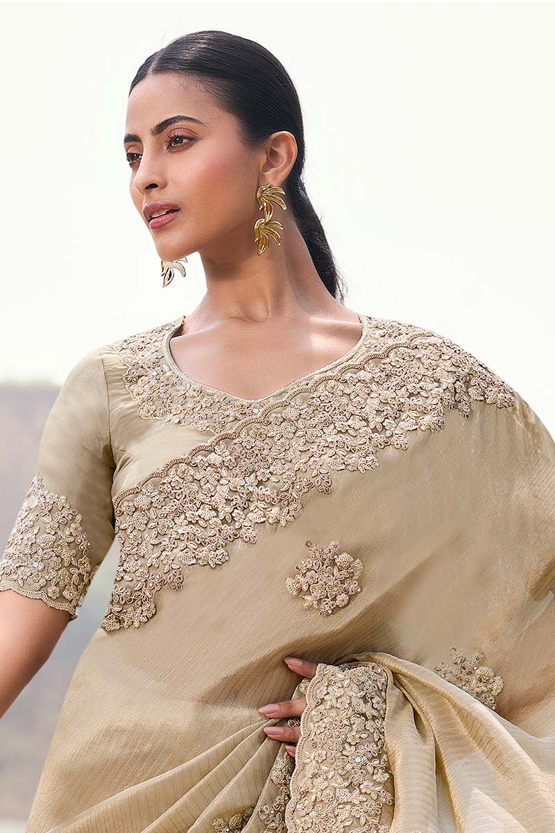 Luxury Beige Saree with Intricate Gold Embroidery LF