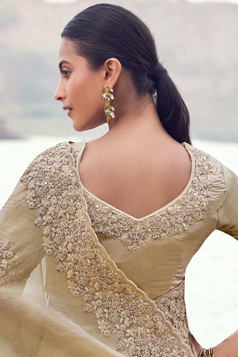 Luxury Beige Saree with Intricate Gold Embroidery LF