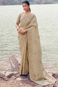 Luxury Beige Saree with Intricate Gold Embroidery LF