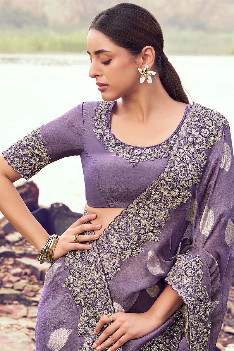 Elegant Purple Embroidered Saree for Weddings & Special Occasions LF