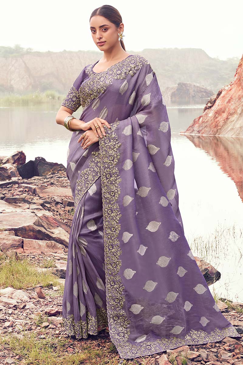Elegant Purple Embroidered Saree for Weddings & Special Occasions LF