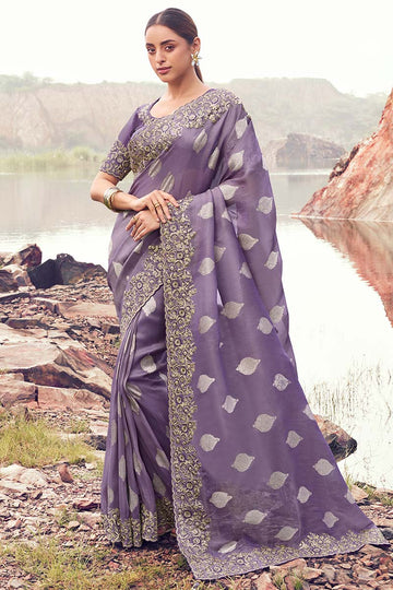 Elegant Purple Embroidered Saree for Weddings & Special Occasions LF