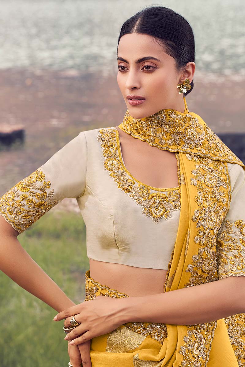 Designer Yellow Saree – Handcrafted Embroidered Detailing LF