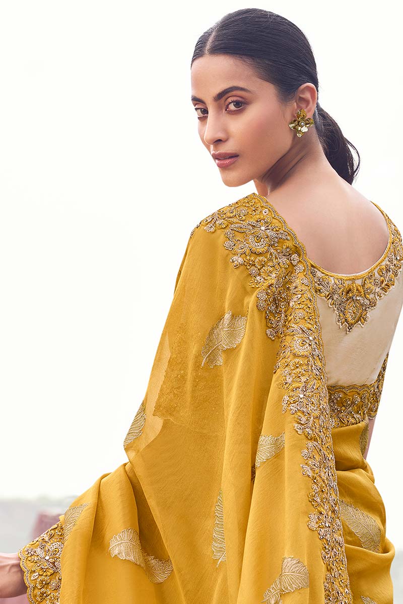 Designer Yellow Saree – Handcrafted Embroidered Detailing LF