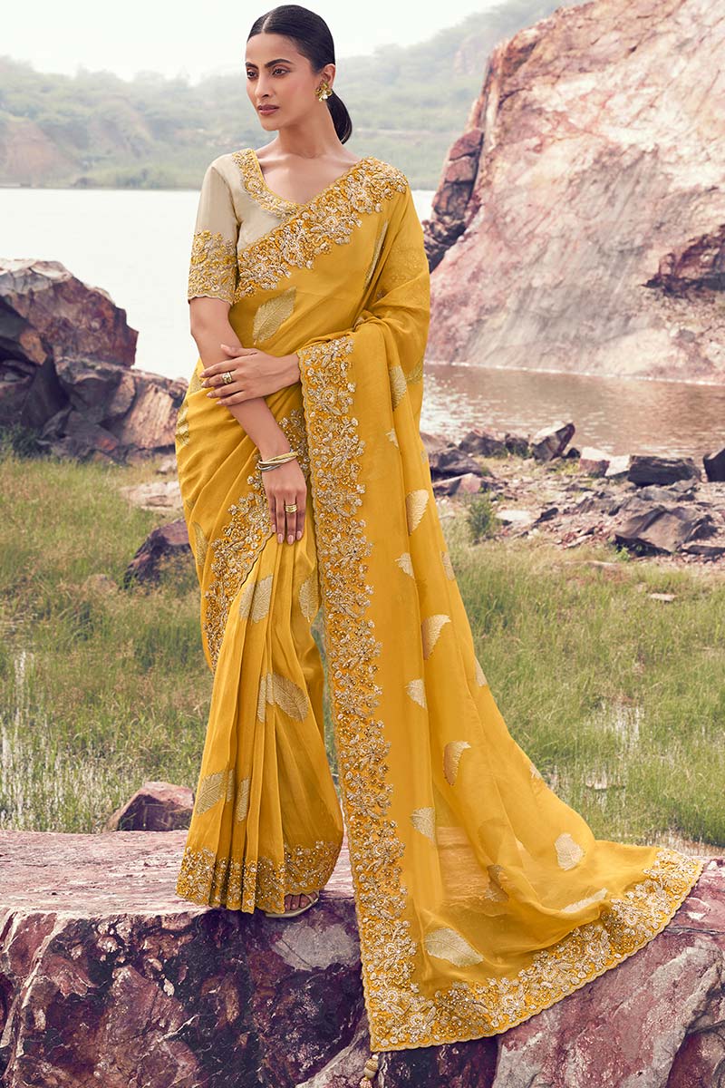 Designer Yellow Saree – Handcrafted Embroidered Detailing LF